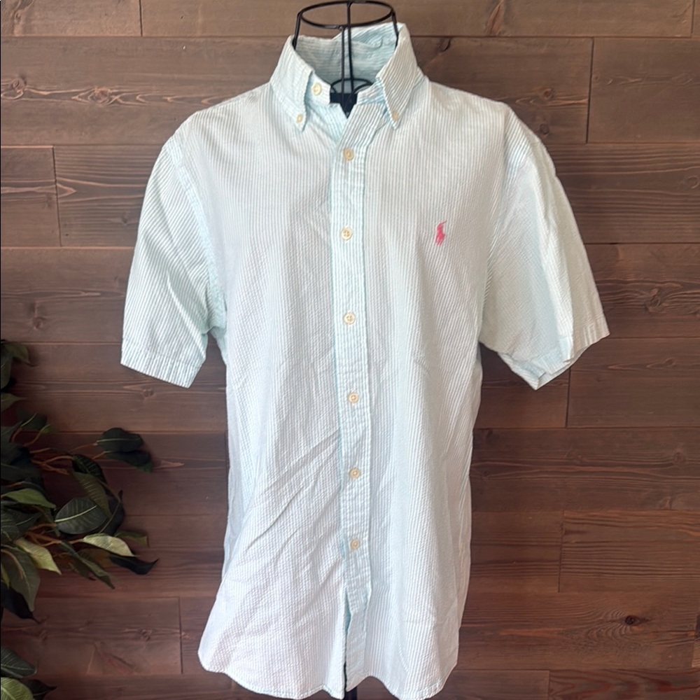 Ralph Lauren, aqua and white striped Searsucker short sleeve shirt